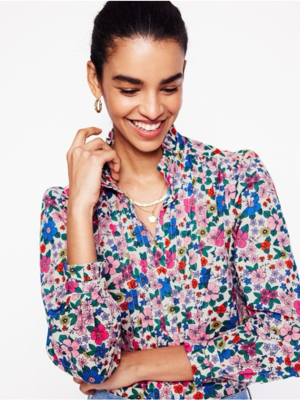 Boden Multi Floral Ruffle-Trim Button-Front Blouse